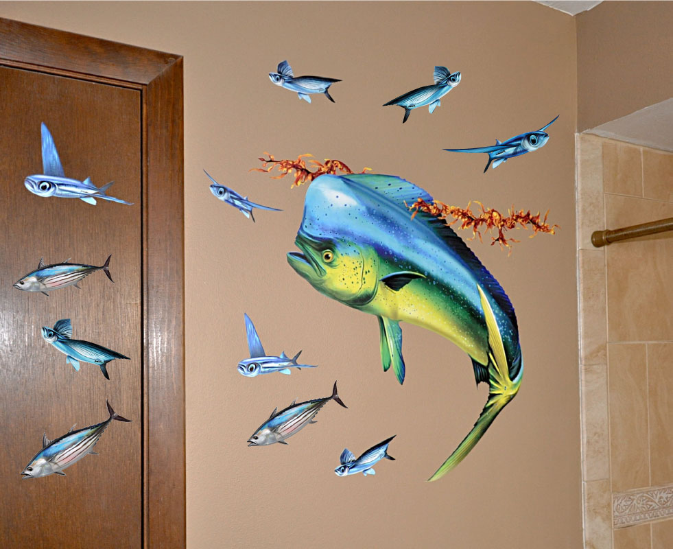 Custom Mahi Mahi chasing flying fish and skipjack tuna wall mural using wall decals.