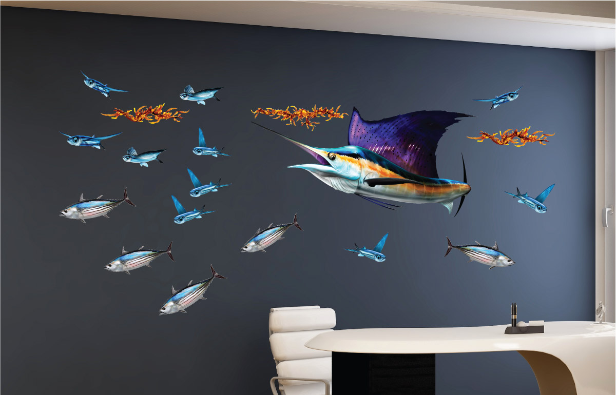 Custom wall decor of a sailfish chasing schools of flying fish and skipjack tuna.